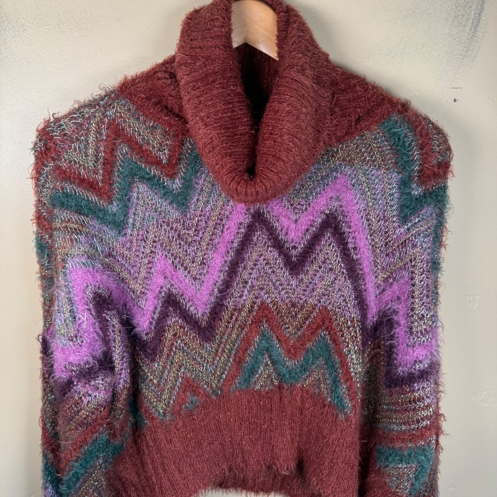 For Love & Lemons 90s‎ Zigzag Cropped Sweater Women S Burgundy Metallic Y2K Boho - Picture 3 of 9